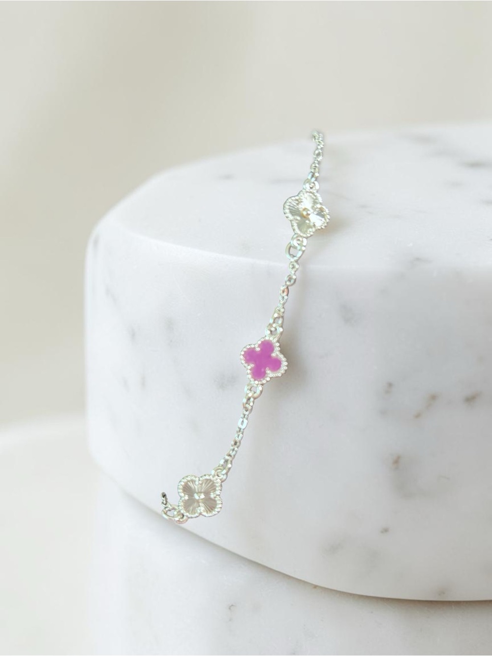 Sterling Silver Four-Leaf Clover Bracelet with Pink Accent